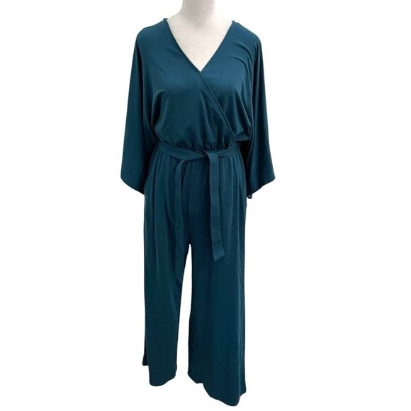 NWT Garnet Hill Kimono Sleeve Jumpsuit Stretch Wide Leg Cropped Teal size XS - Picture 1 of 13